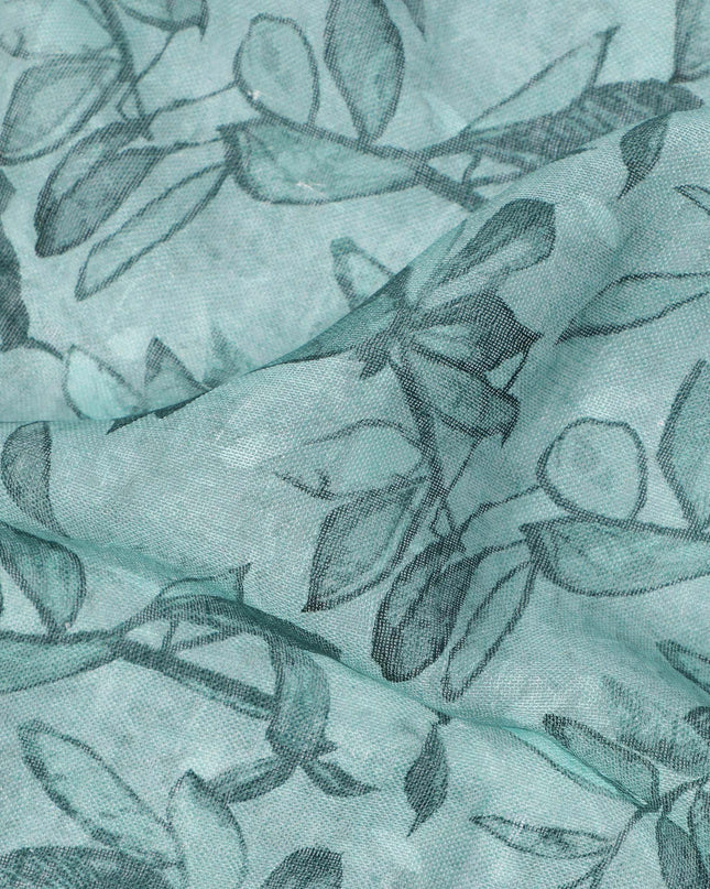 Teal Leaf Printed Blended Cotton Linen Fabric, 110 Cms Width, India-D25176