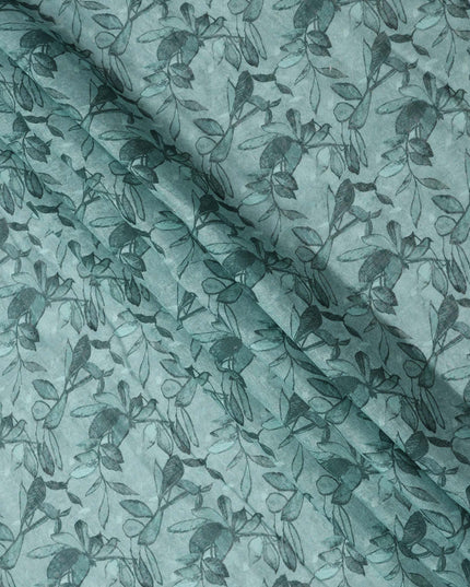 Teal Leaf Printed Blended Cotton Linen Fabric, 110 Cms Width, India-D25176