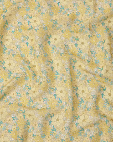 Yellow Floral Printed Blended Cotton Linen Fabric, 110 Cms Width, India-D25166