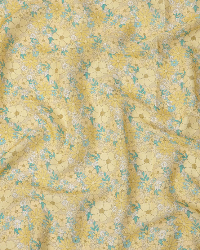 Yellow Floral Printed Blended Cotton Linen Fabric, 110 Cms Width, India-D25166