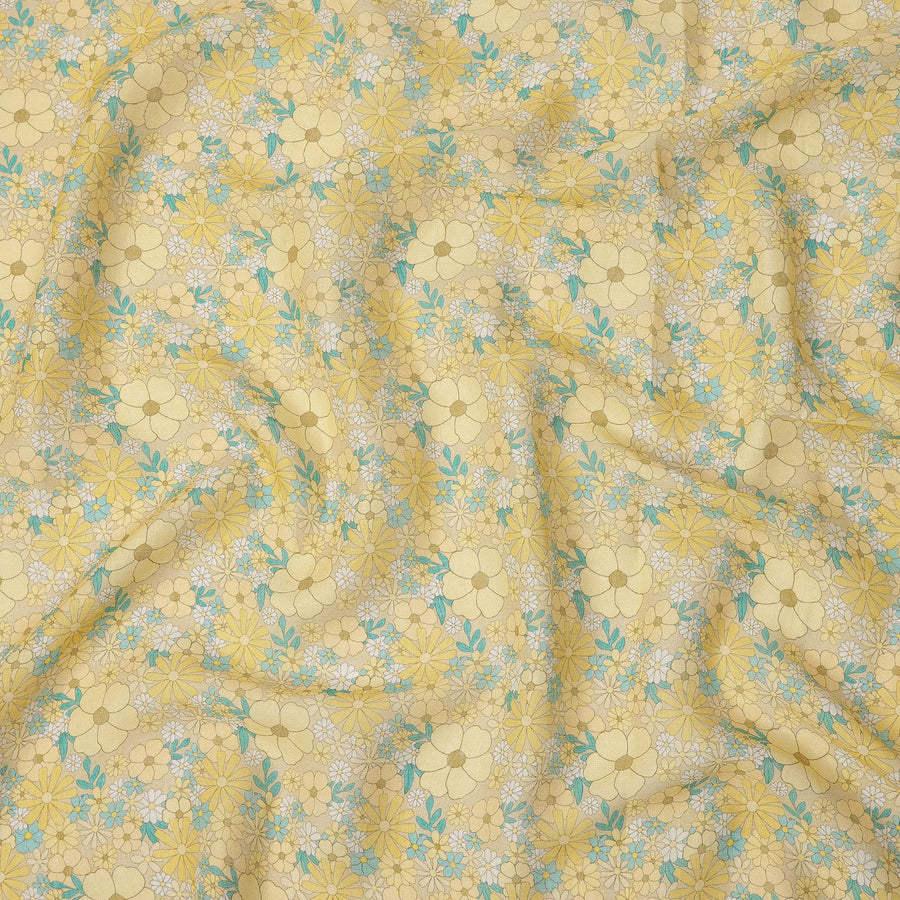 Yellow Floral Printed Blended Cotton Linen Fabric, 110 Cms Width, India-D25166