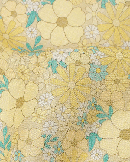Yellow Floral Printed Blended Cotton Linen Fabric, 110 Cms Width, India-D25166