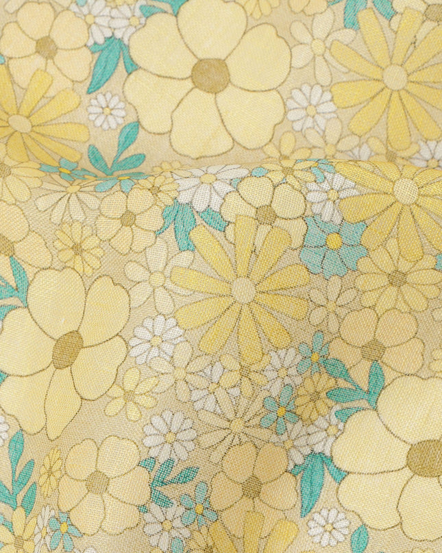 Yellow Floral Printed Blended Cotton Linen Fabric, 110 Cms Width, India-D25166