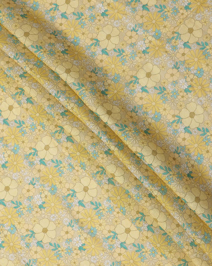 Yellow Floral Printed Blended Cotton Linen Fabric, 110 Cms Width, India-D25166