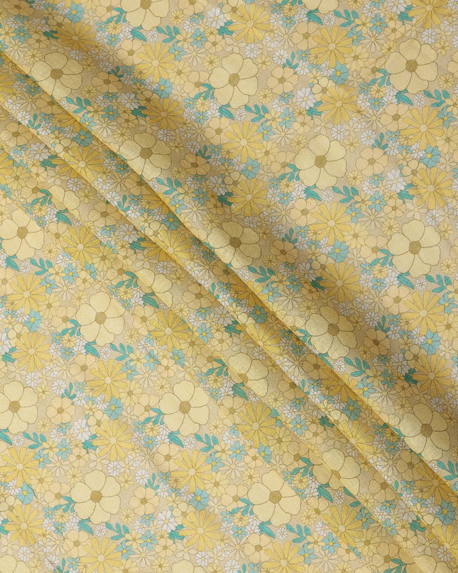 Yellow Floral Printed Blended Cotton Linen Fabric, 110 Cms Width, India-D25166