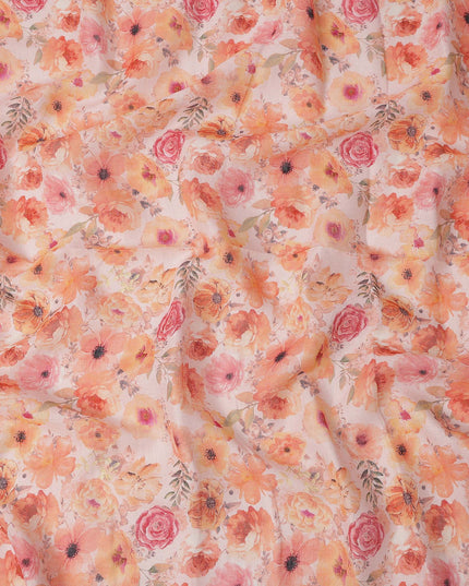 قماش كتان بلون الخوخ مطبوع عليه زهور متعددة الألوان، برتقالي وزهري، عرض 110 سم، صنع في الهند - D25083