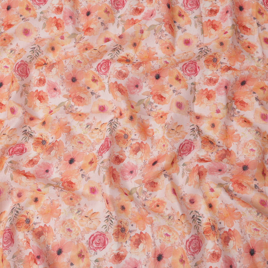 قماش كتان بلون الخوخ مطبوع عليه زهور متعددة الألوان، برتقالي وزهري، عرض 110 سم، صنع في الهند - D25083