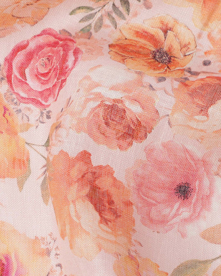 قماش كتان بلون الخوخ مطبوع عليه زهور متعددة الألوان، برتقالي وزهري، عرض 110 سم، صنع في الهند - D25083