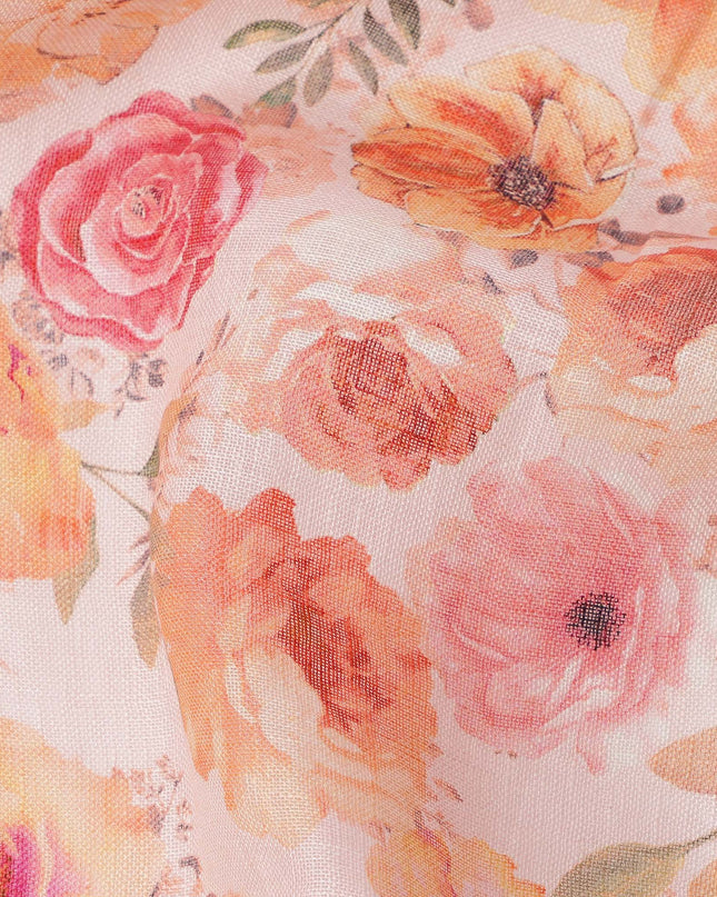 Peach Linen Floral Printed Fabric with Multicolor Orange and Pink Blossom Design, 110 Cms Width, Made in India-D25083