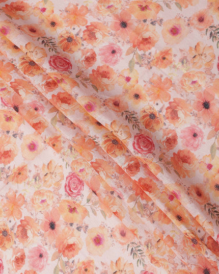 قماش كتان بلون الخوخ مطبوع عليه زهور متعددة الألوان، برتقالي وزهري، عرض 110 سم، صنع في الهند - D25083