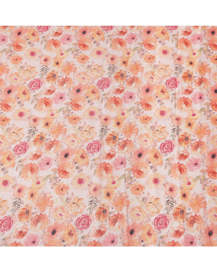 قماش كتان بلون الخوخ مطبوع عليه زهور متعددة الألوان، برتقالي وزهري، عرض 110 سم، صنع في الهند - D25083
