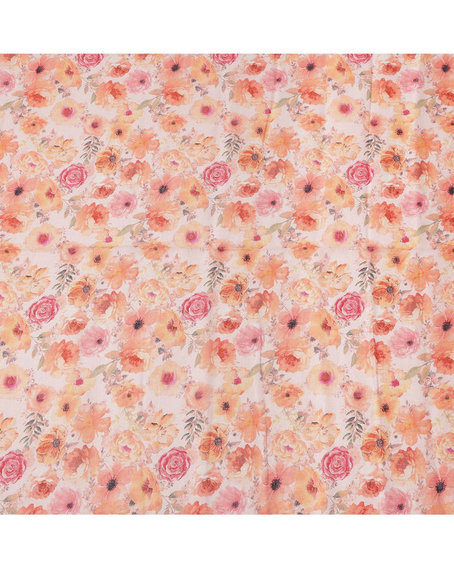 Peach Linen Floral Printed Fabric with Multicolor Orange and Pink Blossom Design, 110 Cms Width, Made in India-D25083