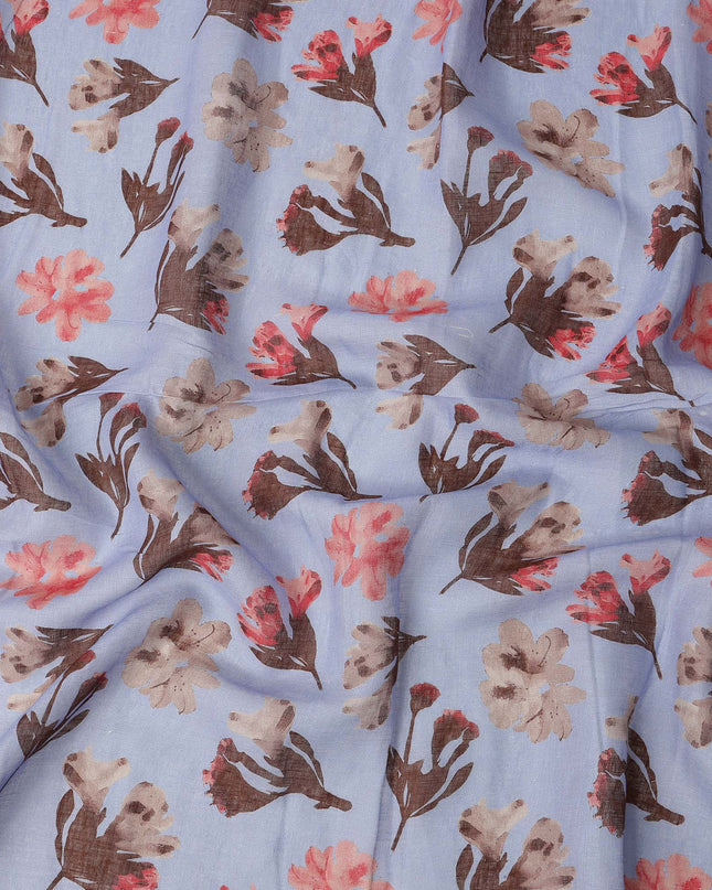 Light Blue Brown Floral Watercolor Print Blended Linen Fabric, 110 Cms Width, Made in India-D26170