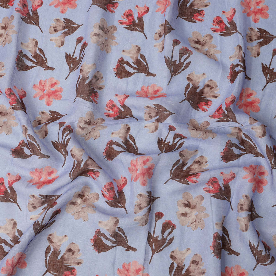 Light Blue Brown Floral Watercolor Print Blended Linen Fabric, 110 Cms Width, Made in India-D26170