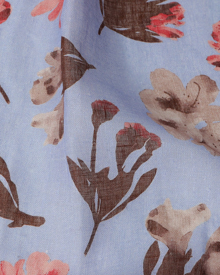 Light Blue Brown Floral Watercolor Print Blended Linen Fabric, 110 Cms Width, Made in India-D26170