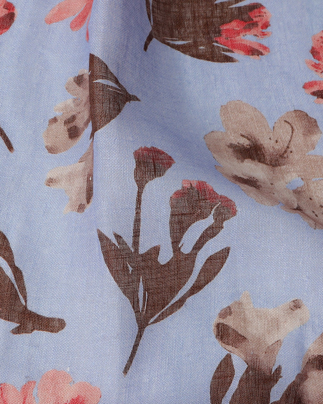 Light Blue Brown Floral Watercolor Print Blended Linen Fabric, 110 Cms Width, Made in India-D26170