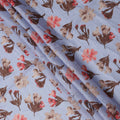 Light Blue Brown Floral Watercolor Print Blended Linen Fabric, 110 Cms Width, Made in India-D26170