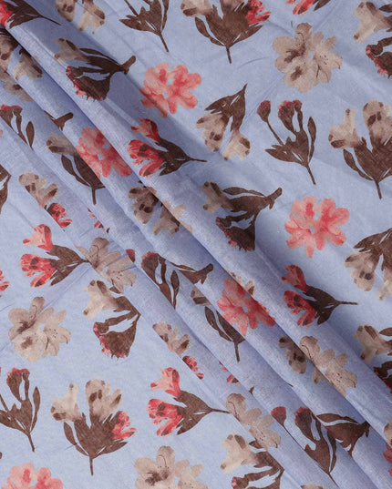 Light Blue Brown Floral Watercolor Print Blended Linen Fabric, 110 Cms Width, Made in India-D26170