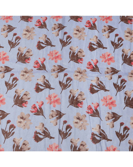 Light Blue Brown Floral Watercolor Print Blended Linen Fabric, 110 Cms Width, Made in India-D26170