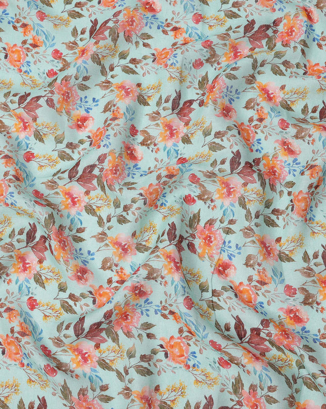 Light Blue Multicolor Floral Printed Blended Cotton Linen Fabric, 110 Cms Width, India-D25169