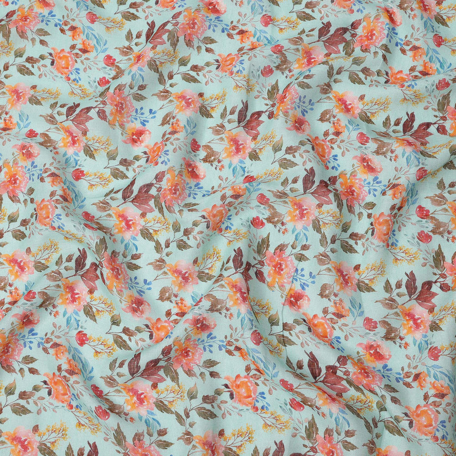 Light Blue Multicolor Floral Printed Blended Cotton Linen Fabric, 110 Cms Width, India-D25169