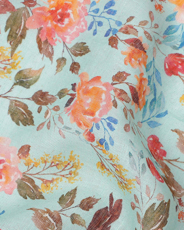 Light Blue Multicolor Floral Printed Blended Cotton Linen Fabric, 110 Cms Width, India-D25169