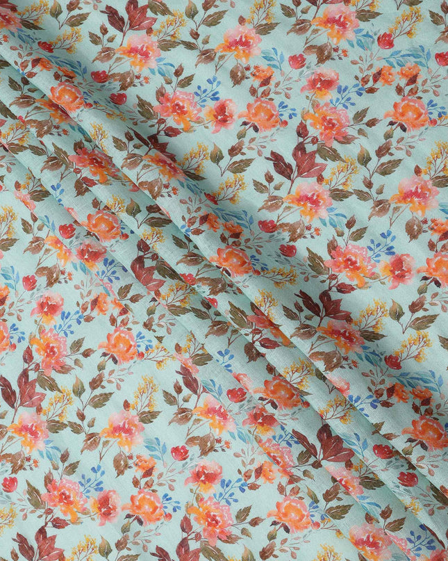 Light Blue Multicolor Floral Printed Blended Cotton Linen Fabric, 110 Cms Width, India-D25169