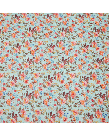 Light Blue Multicolor Floral Printed Blended Cotton Linen Fabric, 110 Cms Width, India-D25169
