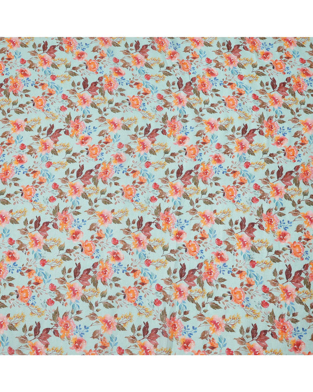 Light Blue Multicolor Floral Printed Blended Cotton Linen Fabric, 110 Cms Width, India-D25169