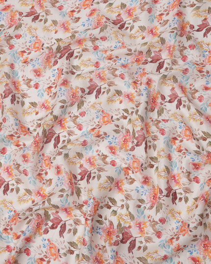 Pink Multicolor Floral Printed Blended Cotton Linen Fabric, 110 Cms Width, India-D25179