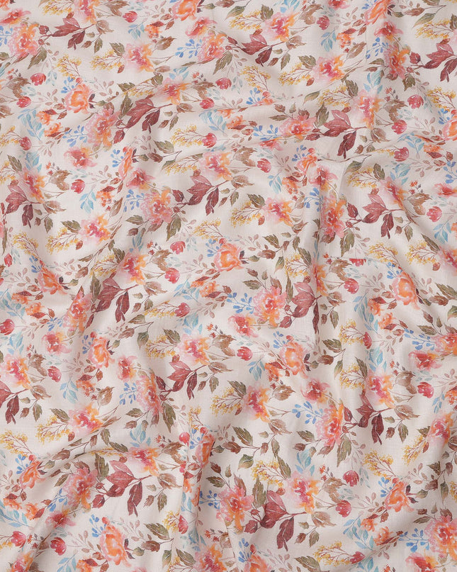 Pink Multicolor Floral Printed Blended Cotton Linen Fabric, 110 Cms Width, India-D25179