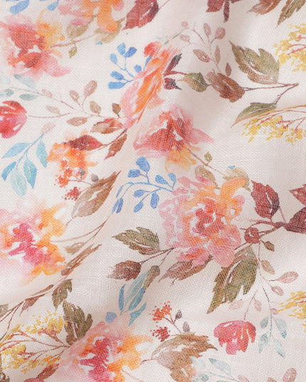 Pink Multicolor Floral Printed Blended Cotton Linen Fabric, 110 Cms Width, India-D25179
