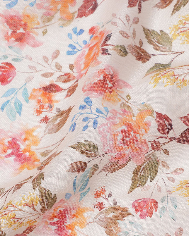 Pink Multicolor Floral Printed Blended Cotton Linen Fabric, 110 Cms Width, India-D25179