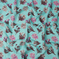 Aqua Blue Brown Floral Watercolor Print Blended Linen Fabric, 110 Cms Width, Made in India-D26171
