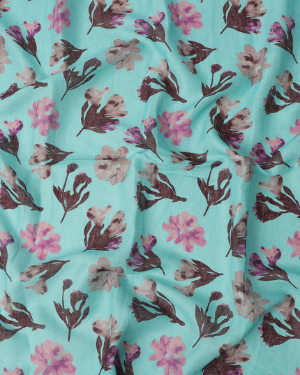 Aqua Blue Brown Floral Watercolor Print Blended Linen Fabric, 110 Cms Width, Made in India-D26171