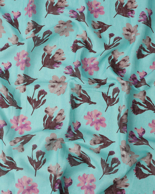 Aqua Blue Brown Floral Watercolor Print Blended Linen Fabric, 110 Cms Width, Made in India-D26171