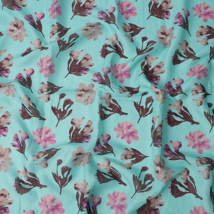 Aqua Blue Brown Floral Watercolor Print Blended Linen Fabric, 110 Cms Width, Made in India-D26171
