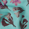 Aqua Blue Brown Floral Watercolor Print Blended Linen Fabric, 110 Cms Width, Made in India-D26171