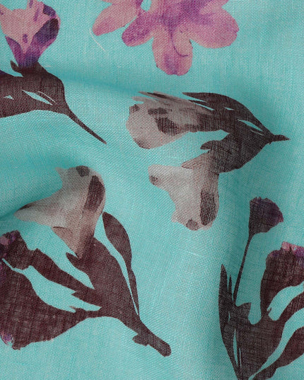 Aqua Blue Brown Floral Watercolor Print Blended Linen Fabric, 110 Cms Width, Made in India-D26171