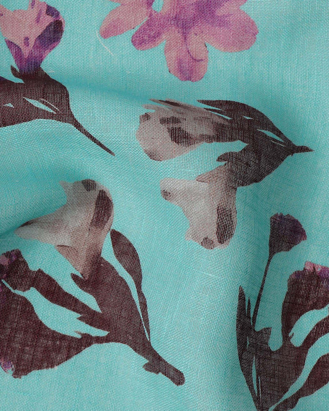 Aqua Blue Brown Floral Watercolor Print Blended Linen Fabric, 110 Cms Width, Made in India-D26171