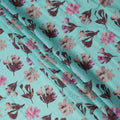 Aqua Blue Brown Floral Watercolor Print Blended Linen Fabric, 110 Cms Width, Made in India-D26171