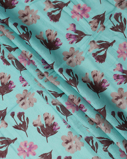 Aqua Blue Brown Floral Watercolor Print Blended Linen Fabric, 110 Cms Width, Made in India-D26171