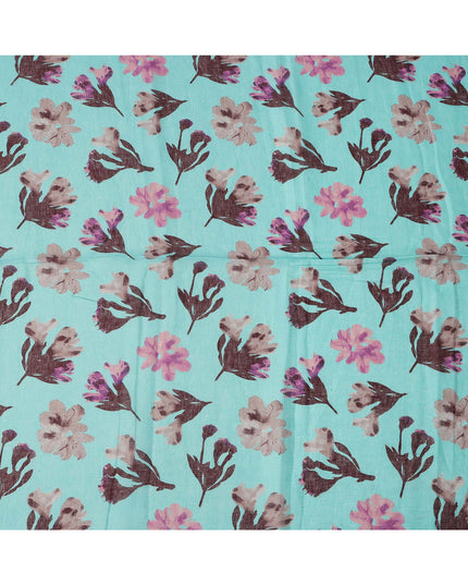 Aqua Blue Brown Floral Watercolor Print Blended Linen Fabric, 110 Cms Width, Made in India-D26171