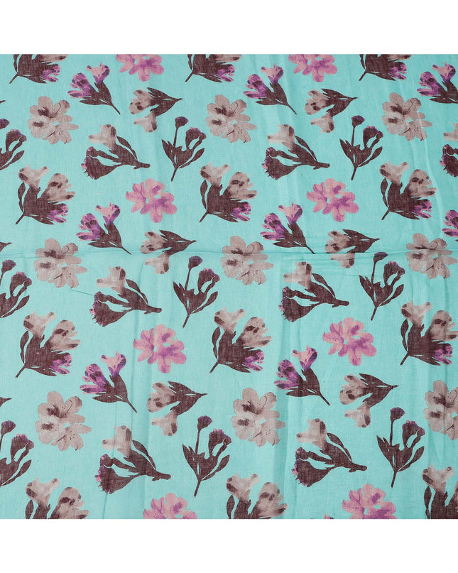 Aqua Blue Brown Floral Watercolor Print Blended Linen Fabric, 110 Cms Width, Made in India-D26171
