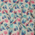 Cream Blue Pink Floral Watercolor Print Blended Linen Fabric, 110 Cms Width, Made in India-D26172