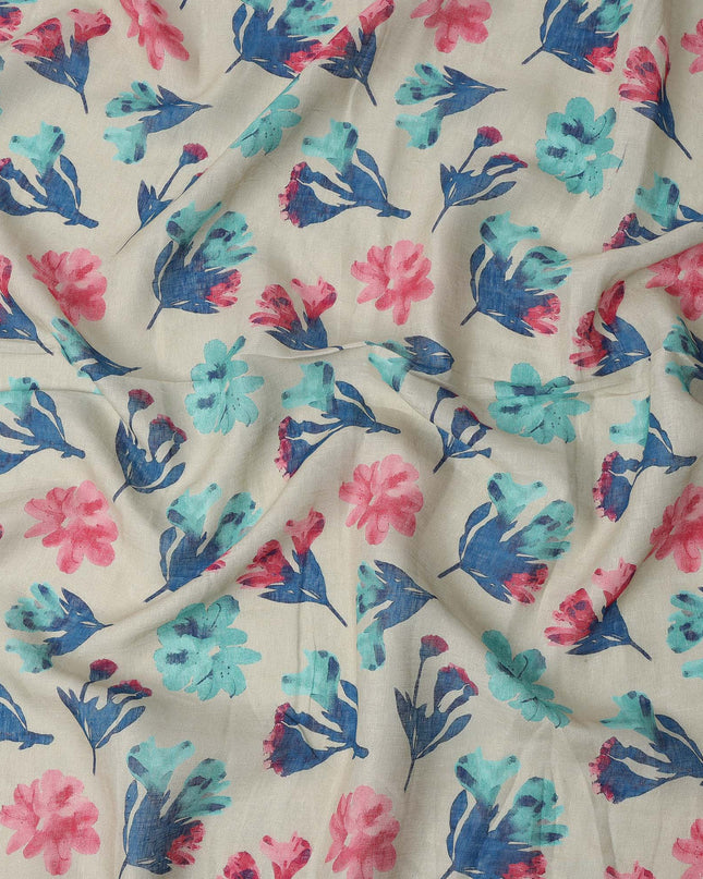 Cream Blue Pink Floral Watercolor Print Blended Linen Fabric, 110 Cms Width, Made in India-D26172