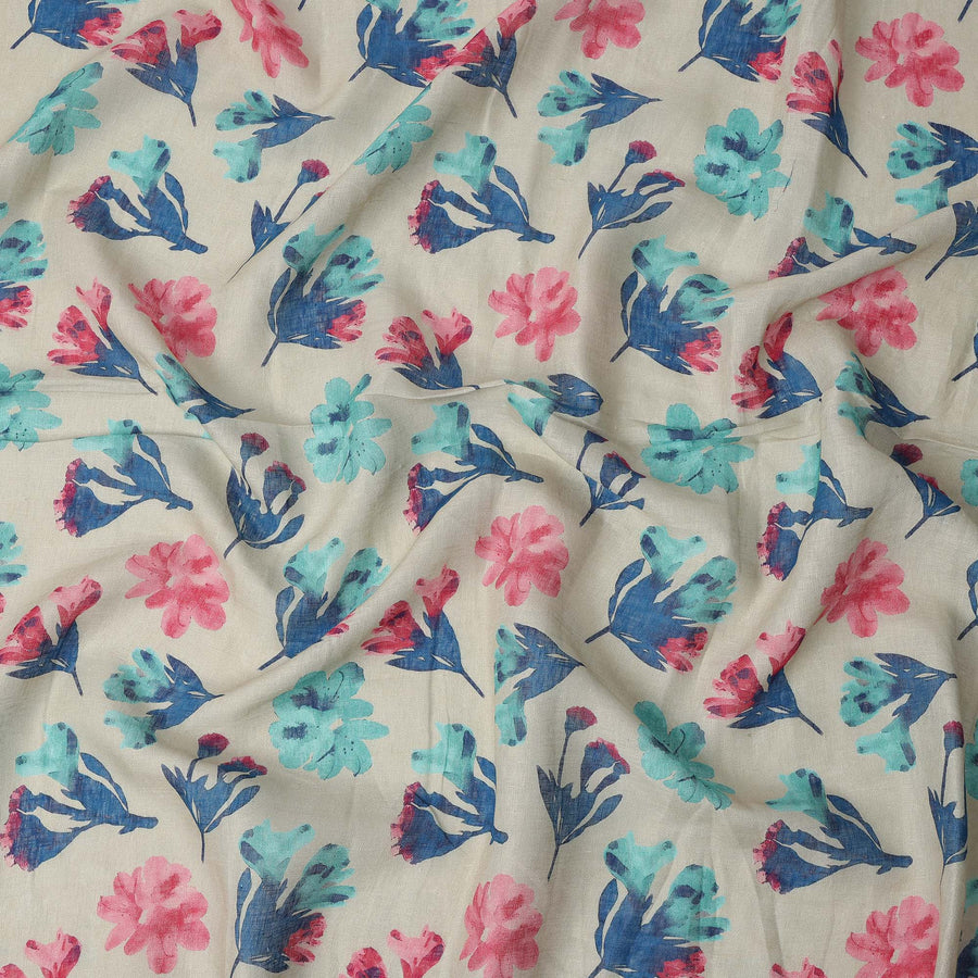 Cream Blue Pink Floral Watercolor Print Blended Linen Fabric, 110 Cms Width, Made in India-D26172