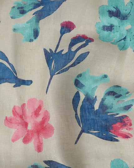Cream Blue Pink Floral Watercolor Print Blended Linen Fabric, 110 Cms Width, Made in India-D26172