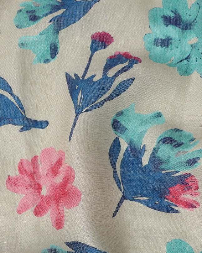 Cream Blue Pink Floral Watercolor Print Blended Linen Fabric, 110 Cms Width, Made in India-D26172