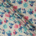 Cream Blue Pink Floral Watercolor Print Blended Linen Fabric, 110 Cms Width, Made in India-D26172